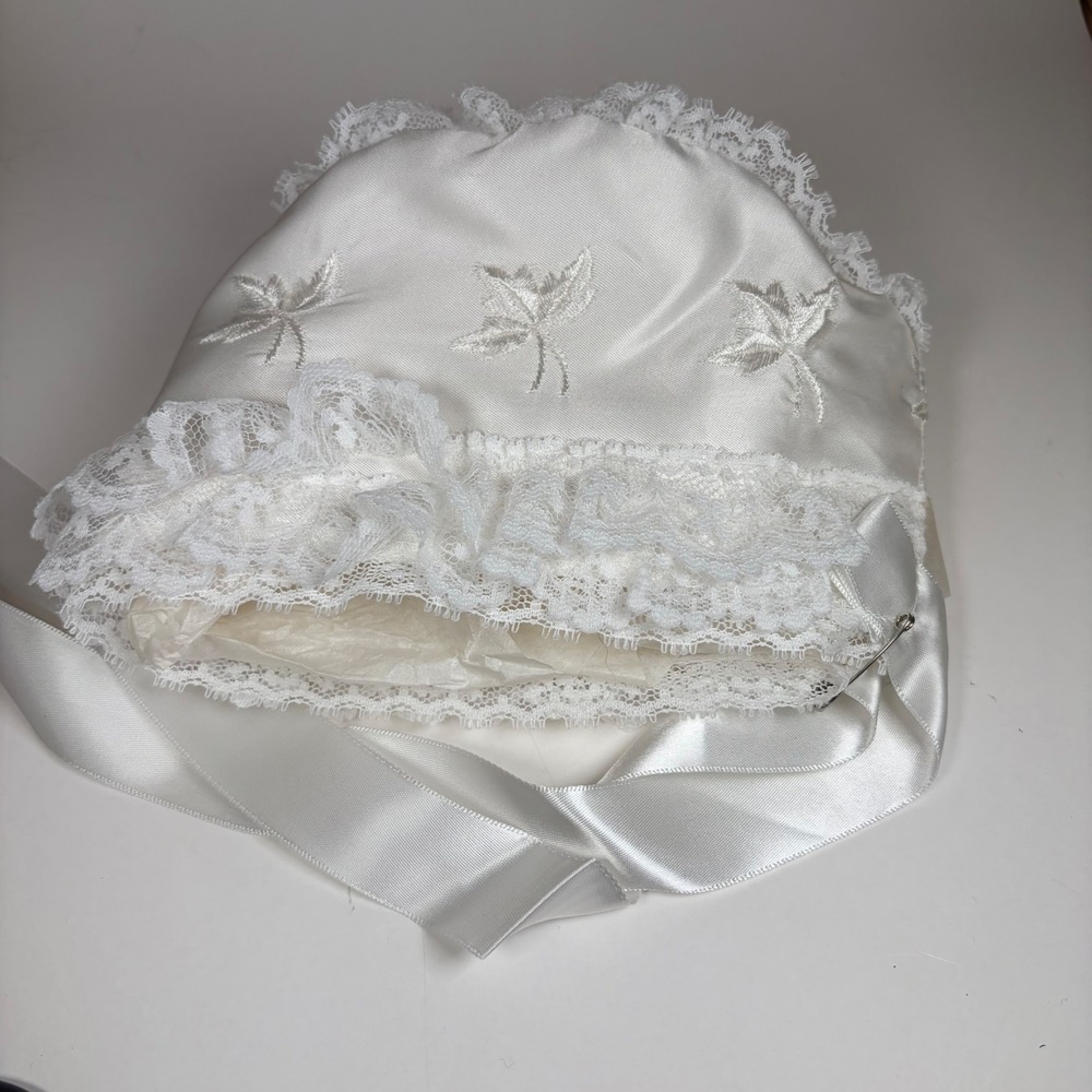 Vintage white Satin Baby Bonnet Lot of 2 Madonna Christening Baptism Lace 6-9mth
